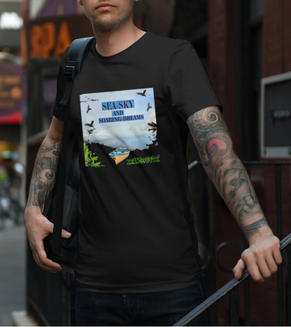SEA SKY AND SOARING DREAMS WITH BIRDS AND BOAT IN NATURE SCENE T-Shirt
