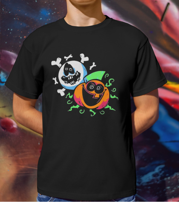 Spooky Month Colorful Cartoon Ghosts And Pumpkins With Bones T-Shirt