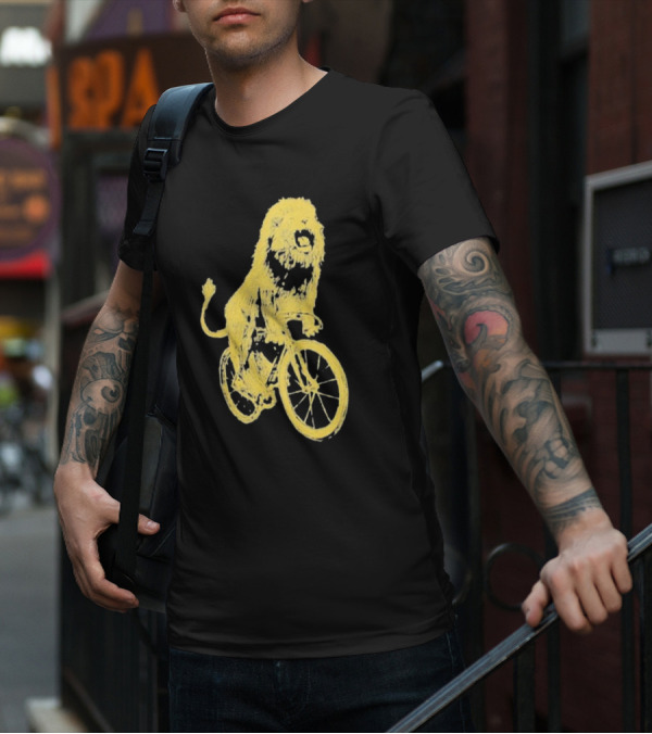 Lion Riding Bicycle Sketch Yellow T-Shirt