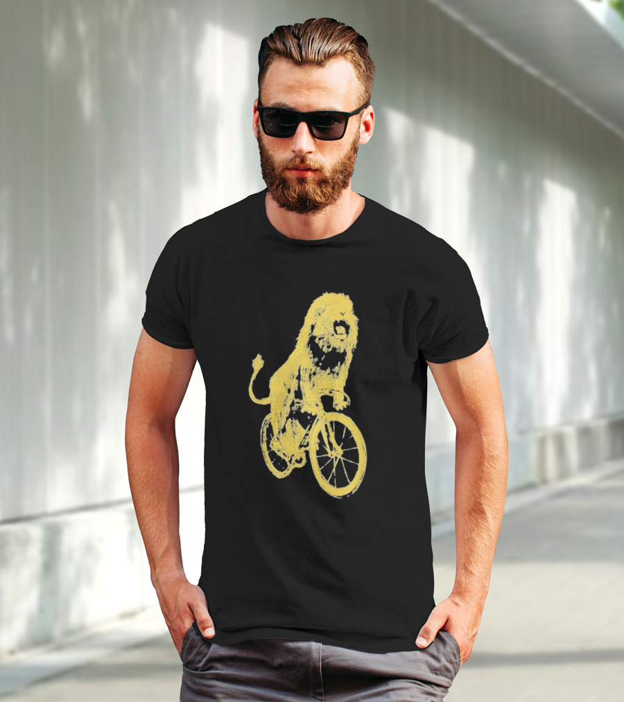 Lion Riding Bicycle Sketch Yellow T-Shirt