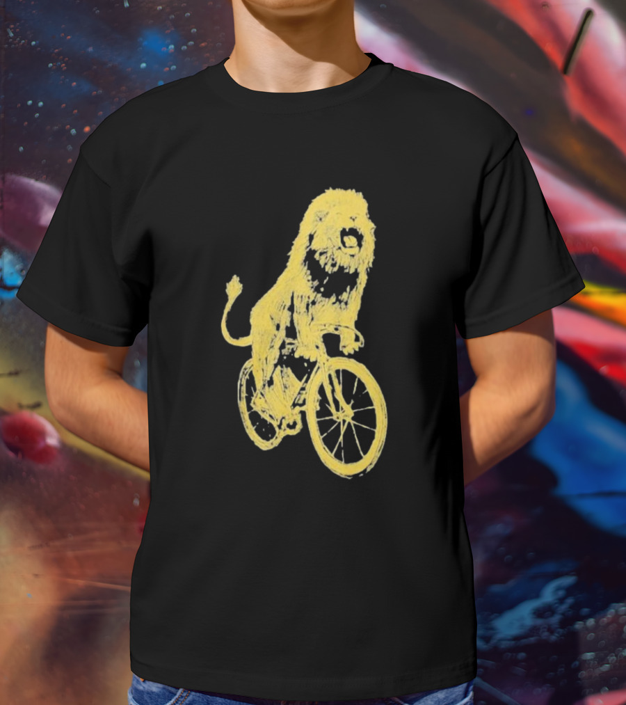 Lion Riding Bicycle Sketch Yellow T-Shirt