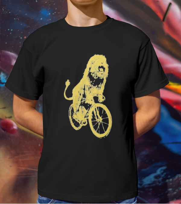 Lion Riding Bicycle Sketch Yellow T-Shirt