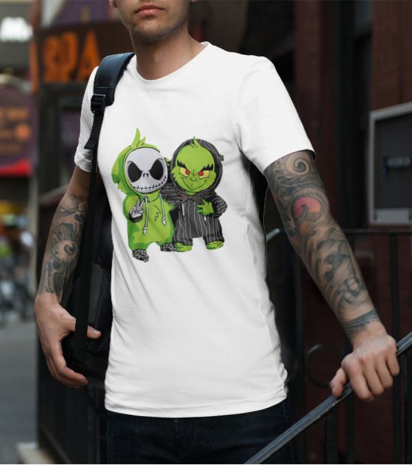 Baby Jack Skellington And Grinch In Green Hoodies T-Shirt