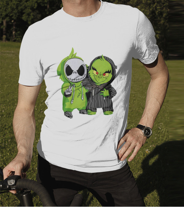 Baby Jack Skellington And Grinch In Green Hoodies T-Shirt