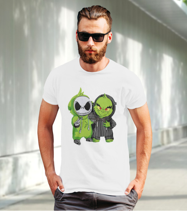 Baby Jack Skellington And Grinch In Green Hoodies T-Shirt