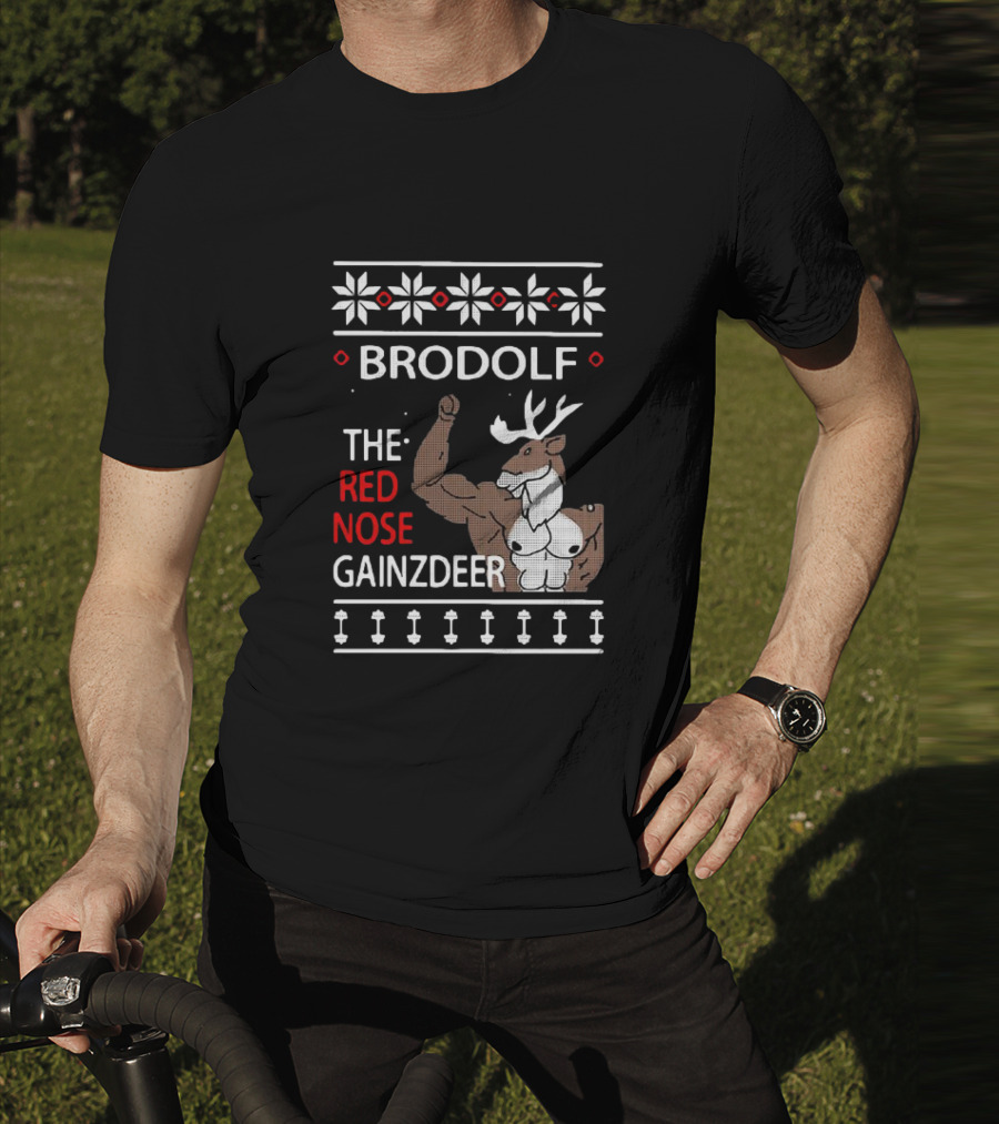 Brodolf The Red Nose Muscle Gainz Deer Christmas T-Shirt