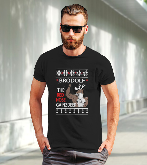 Brodolf The Red Nose Muscle Gainz Deer Christmas T-Shirt