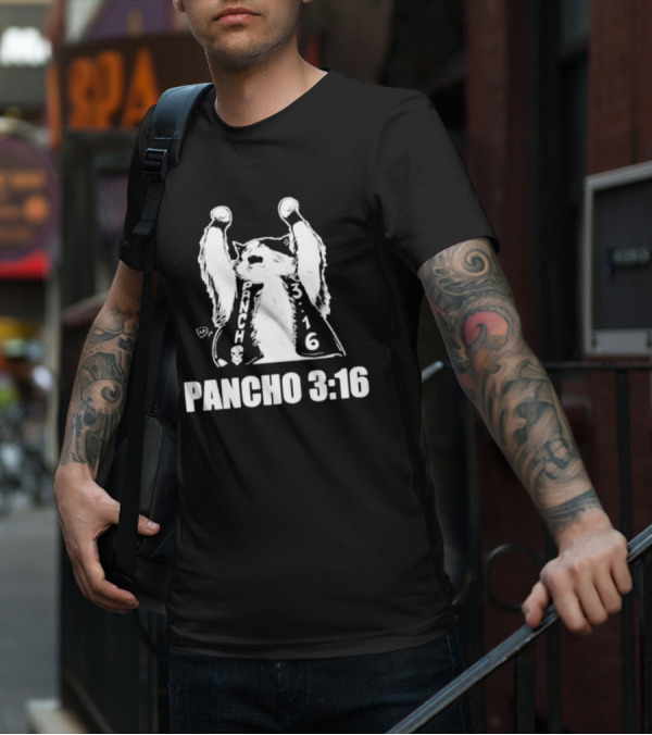Pancho 3:16 Cat Illustration With Skull Motif And Raised Paws T-Shirt