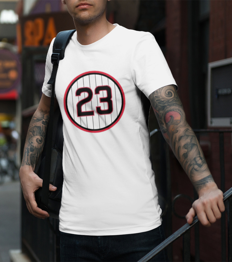 Ryne Sandberg Number 23 Pinstripe Circular Emblem T-Shirt
