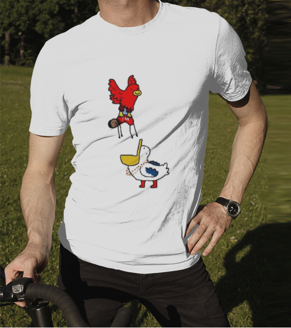 Atlanta Hawks Trade Dejounte Murray Featuring Cartoon Red Hawk Flying Over Pelican T-Shirt