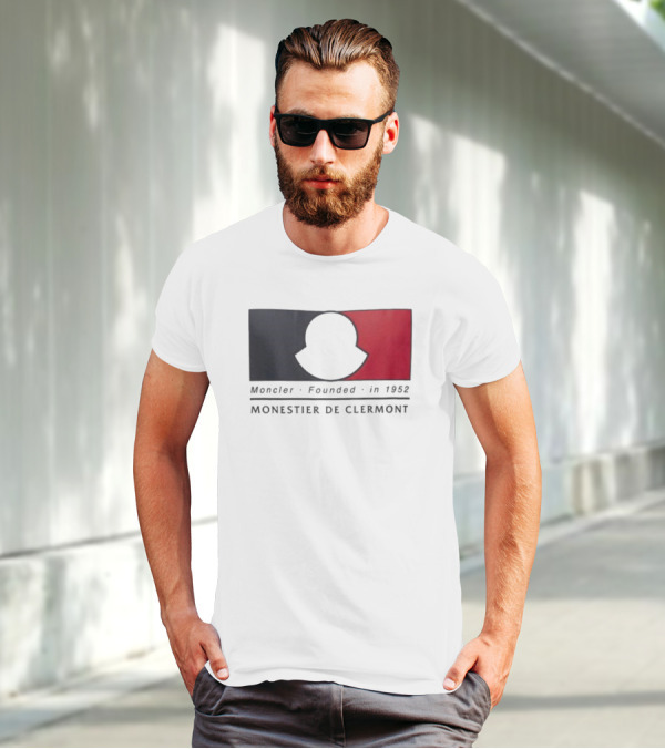 Moncler Founded In 1952 Monestier De Clermont Sky Blue Logo Black Red T-Shirt