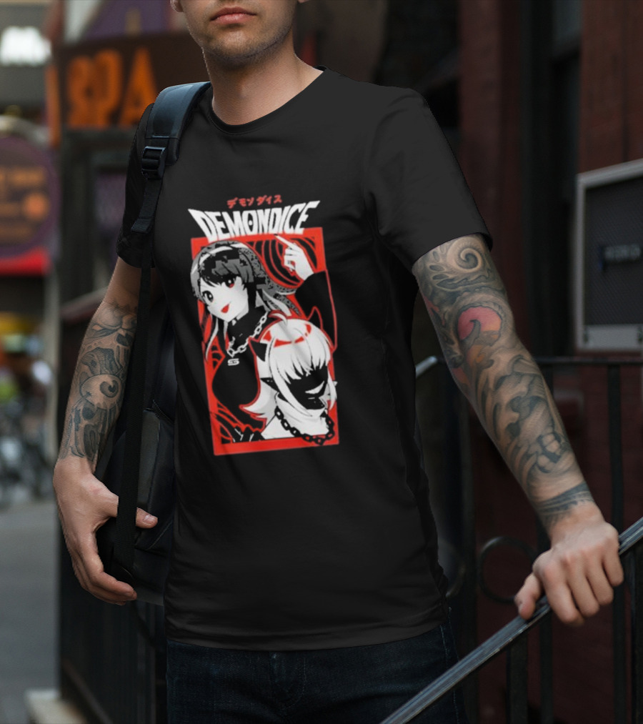 DEMONDICE Anime Style Red And White Character Design Chains T-Shirt