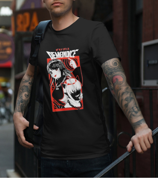 DEMONDICE Anime Style Red And White Character Design Chains T-Shirt