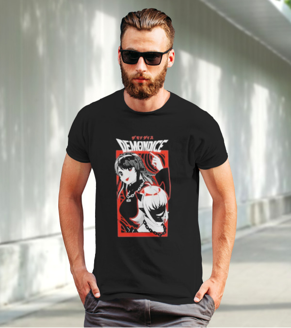 DEMONDICE Anime Style Red And White Character Design Chains T-Shirt