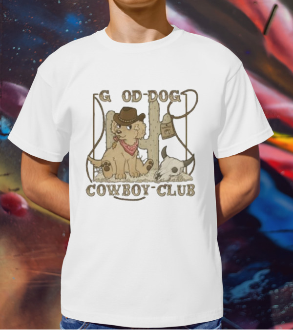 Good Dog Cowboy Club Cute Puppy With Bandana And Cowboy Hat In Western Scene T-Shirt