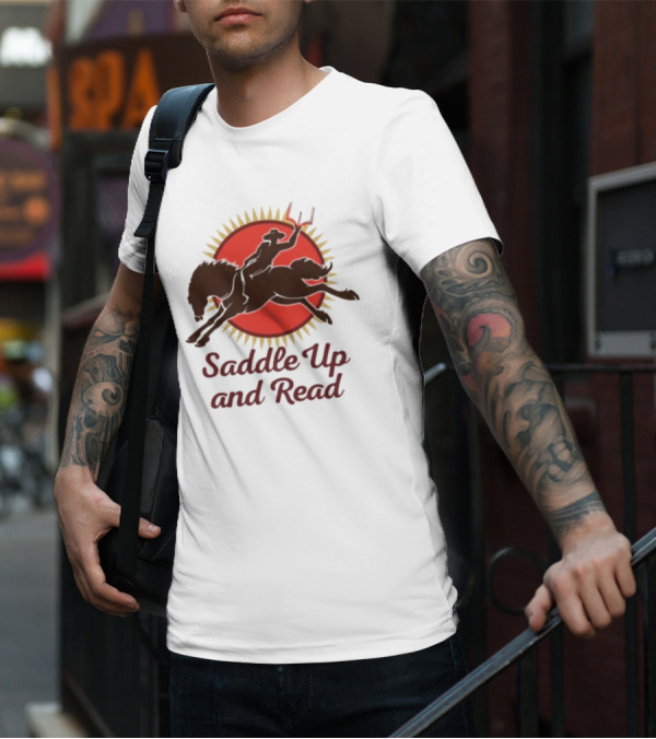 Saddle Up And Read Horseback Silhouette Against Sunburst T-Shirt
