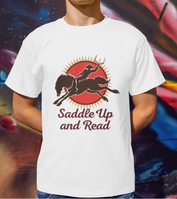 Saddle Up And Read Horseback Silhouette Against Sunburst T-Shirt
