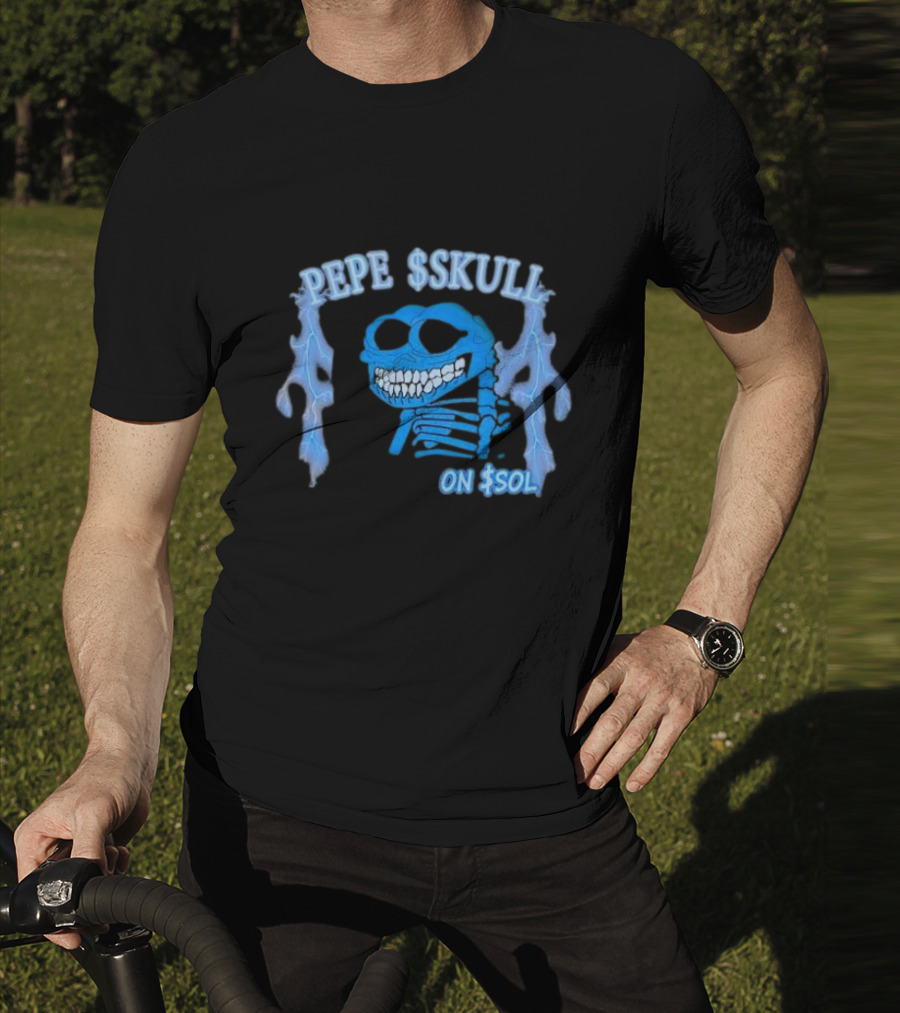 PEPE SKULL ON SOL Thunder Lightning Skeleton T-Shirt