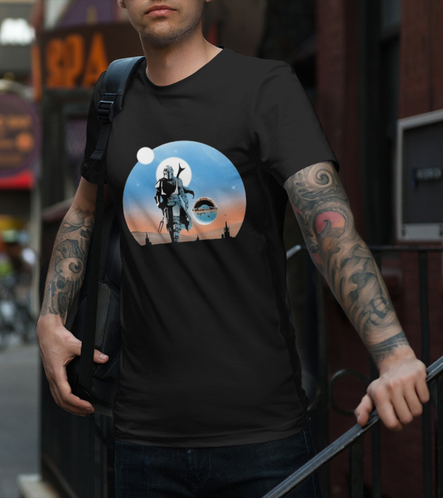 Protect The Child Star War Walking Mandalorian Sunset Adventure T-Shirt