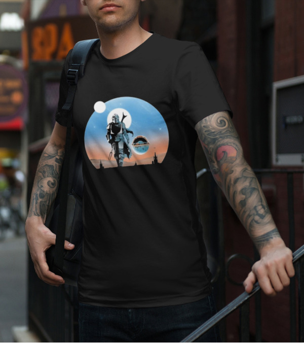 Protect The Child Star War Walking Mandalorian Sunset Adventure T-Shirt