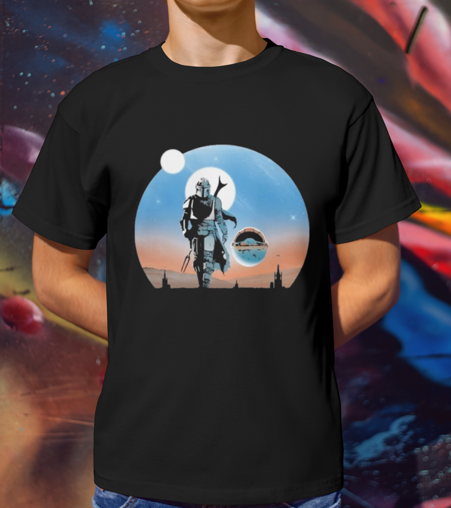 Protect The Child Star War Walking Mandalorian Sunset Adventure T-Shirt