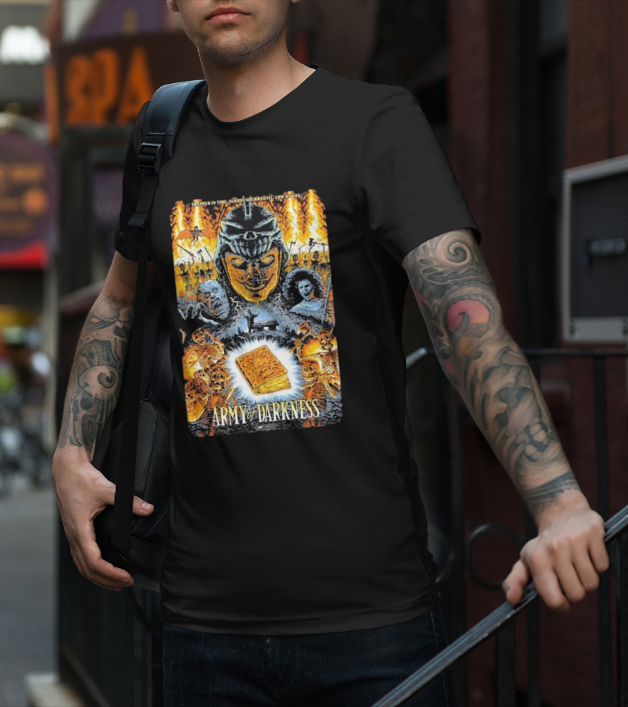 Trapped In Time Surrounded By Evil Low On Gas Army Of Darkness Necronomicon Evil Dead Horror Collage T-Shirt