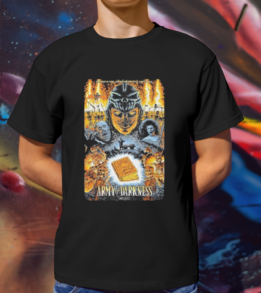 Trapped In Time Surrounded By Evil Low On Gas Army Of Darkness Necronomicon Evil Dead Horror Collage T-Shirt