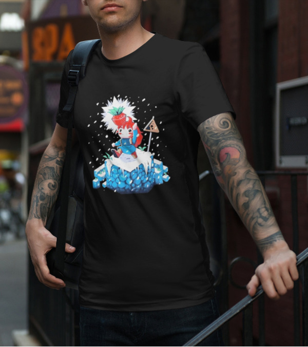 The Yetee Celeste 64 Pixel Adventure Character With Strawberry And Flag On Ice Mountain T-Shirt