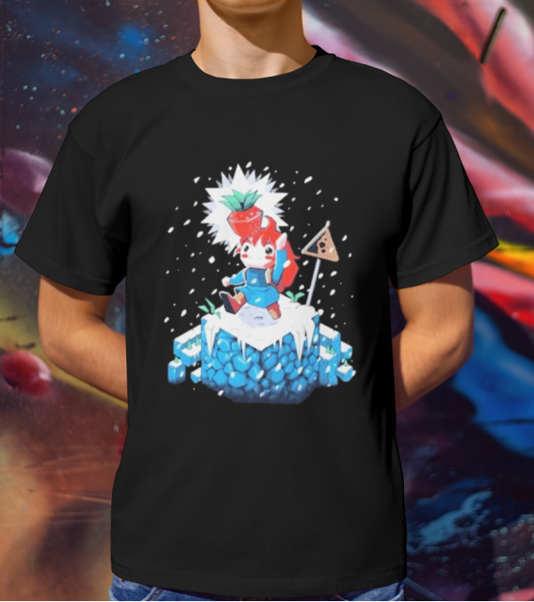 The Yetee Celeste 64 Pixel Adventure Character With Strawberry And Flag On Ice Mountain T-Shirt