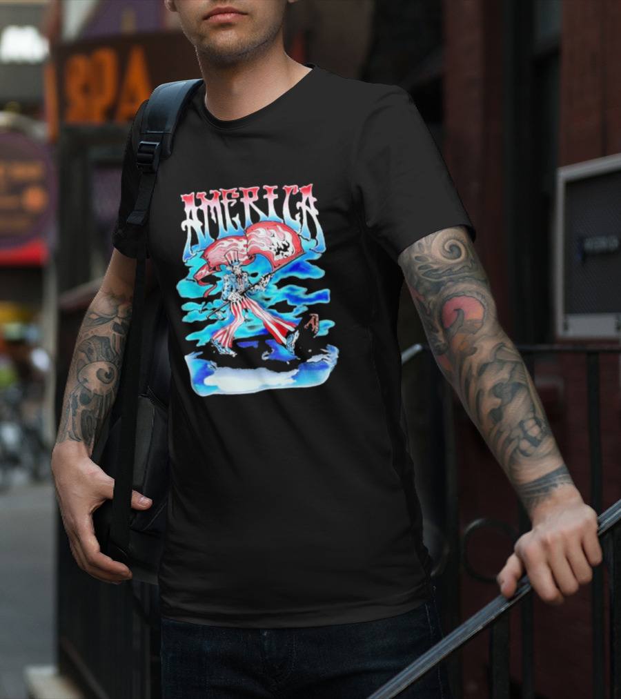 Warren Lotas America Skeleton Uncle Sam With Skull Flags T-Shirt