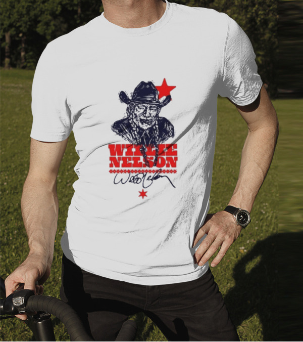 Willie Nelson Woodcut Cowboy Hat Red Star T-Shirt