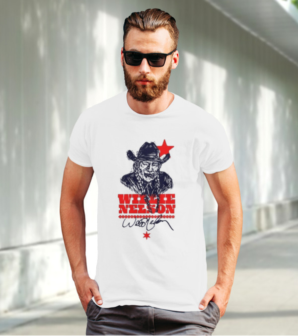 Willie Nelson Woodcut Cowboy Hat Red Star T-Shirt