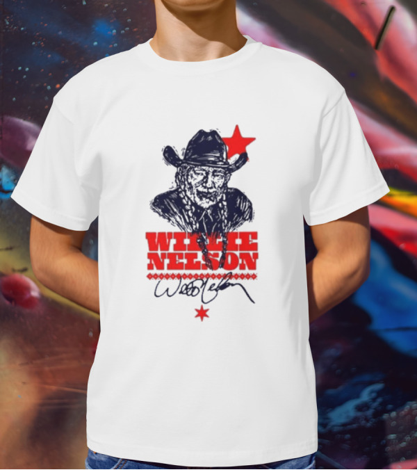 Willie Nelson Woodcut Cowboy Hat Red Star T-Shirt