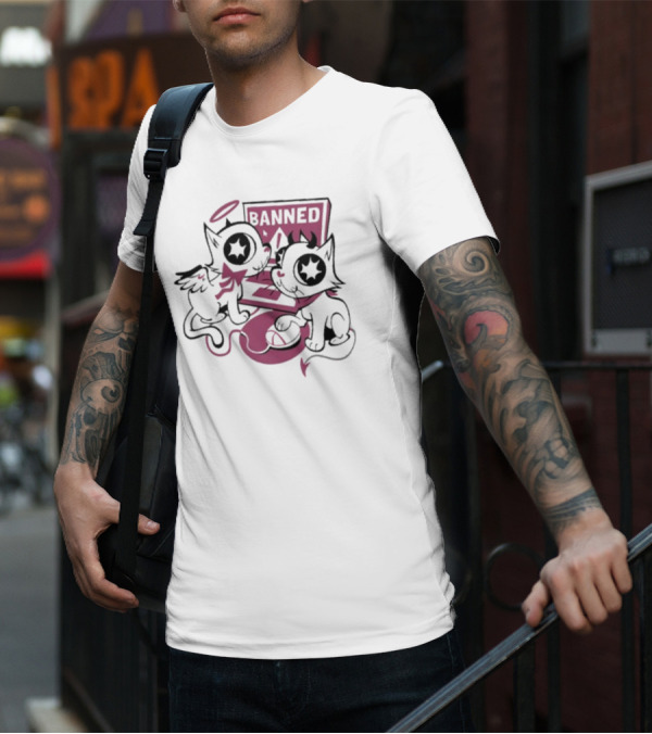 Sinjin Banned Angel Devil Cats With Starry Eyes Sitting By Computer T-Shirt