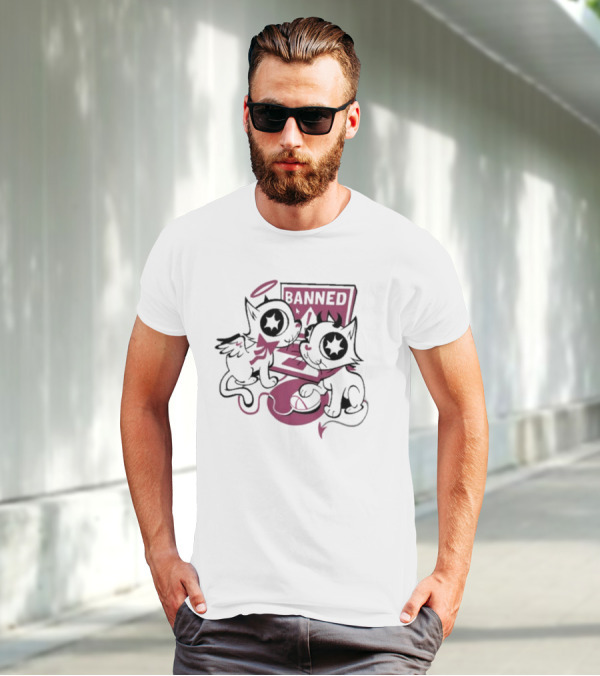 Sinjin Banned Angel Devil Cats With Starry Eyes Sitting By Computer T-Shirt