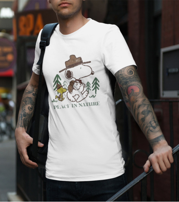Snoopy Peace In Nature With Woodstock And Trees T-Shirt