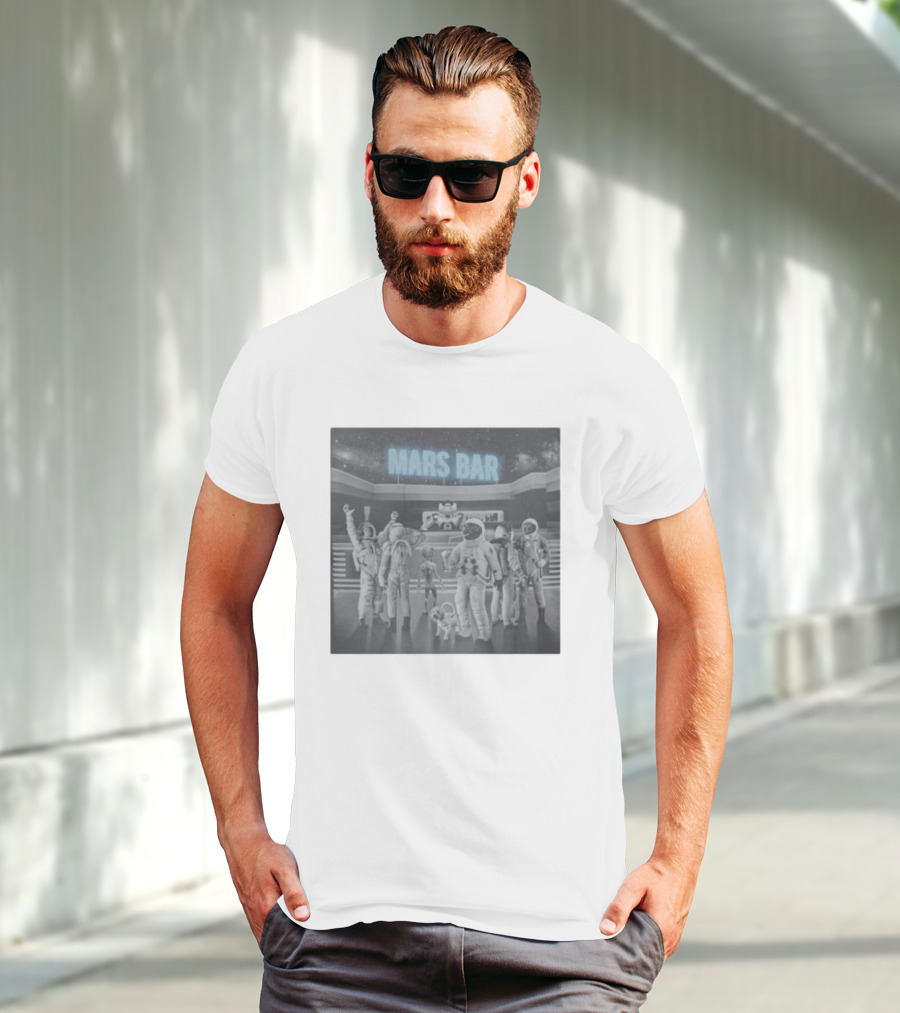 Mars Bar With Astronauts And Alien In Space Scene T-Shirt