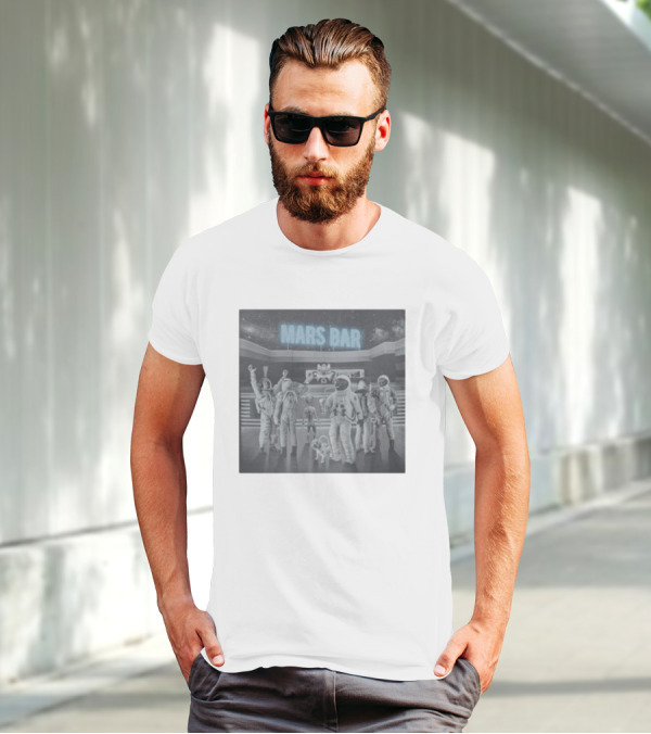 Mars Bar With Astronauts And Alien In Space Scene T-Shirt