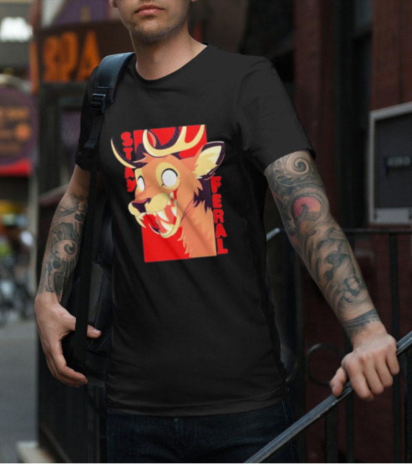 Stay Feral Toothy Deer Wild Expression Monochrome Cartoon T-Shirt
