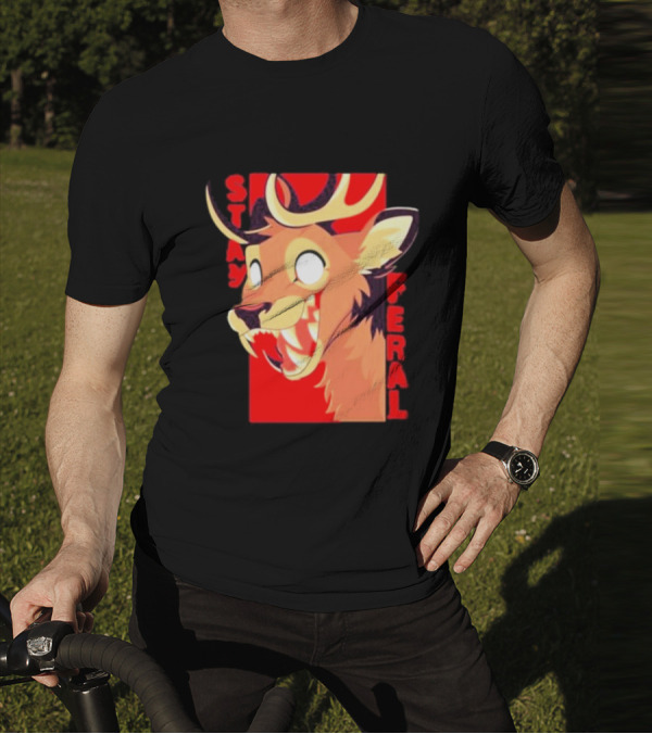 Stay Feral Toothy Deer Wild Expression Monochrome Cartoon T-Shirt