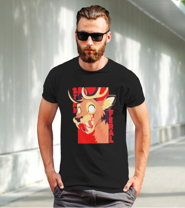 Stay Feral Toothy Deer Wild Expression Monochrome Cartoon T-Shirt