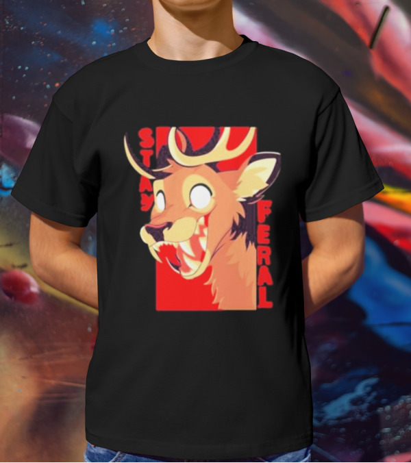 Stay Feral Toothy Deer Wild Expression Monochrome Cartoon T-Shirt