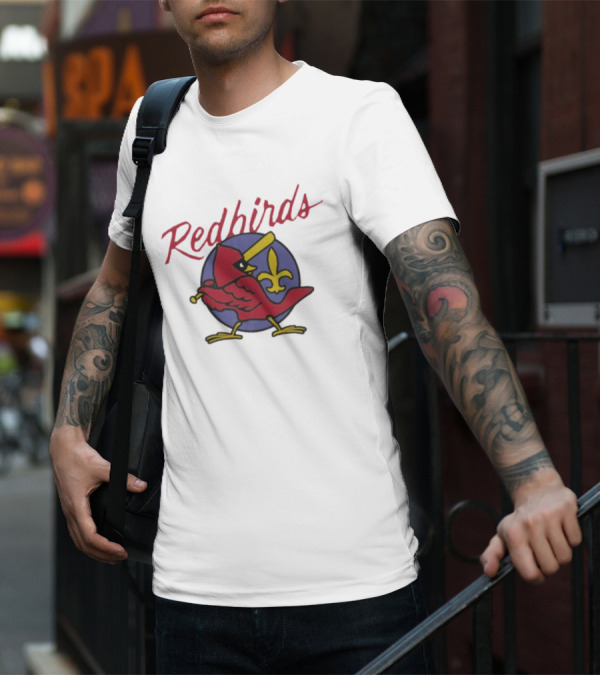 Redbirds St Louis Cardinals Baseball Fleur-de-Lis Icon Bird Bat T-Shirt