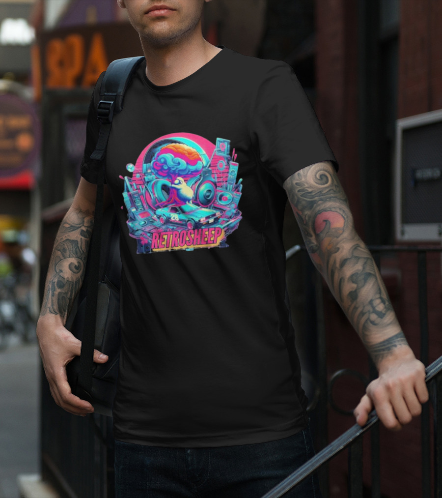 Retrosheep Neon Music Explosion With Retro Cars And Speakers T-Shirt