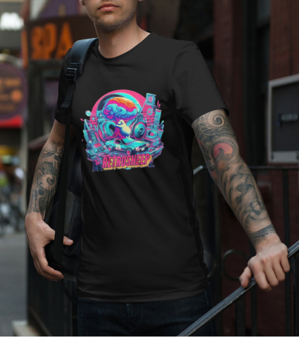 Retrosheep Neon Music Explosion With Retro Cars And Speakers T-Shirt