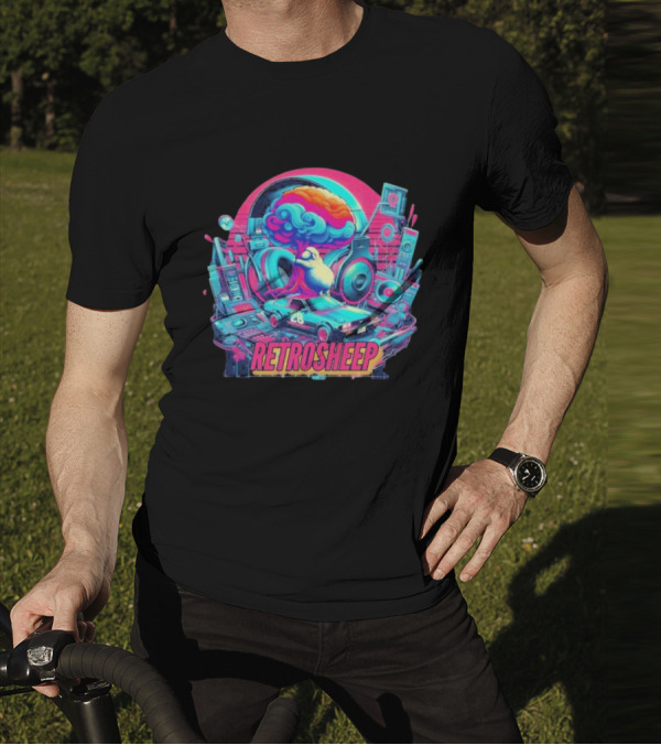 Retrosheep Neon Music Explosion With Retro Cars And Speakers T-Shirt