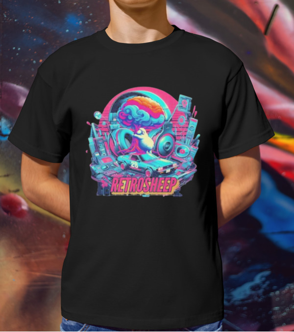 Retrosheep Neon Music Explosion With Retro Cars And Speakers T-Shirt