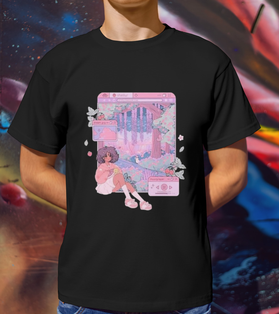 Sheilur Dreamy Strawberry Window Girl In Pink Forest T-Shirt
