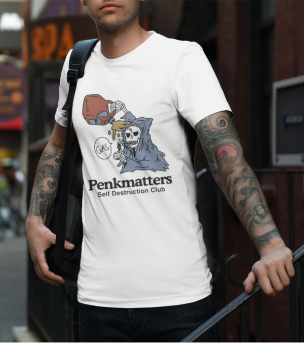 Penkmatters Self Destruction Club Gas Can Pouring On Hooded Figure T-Shirt