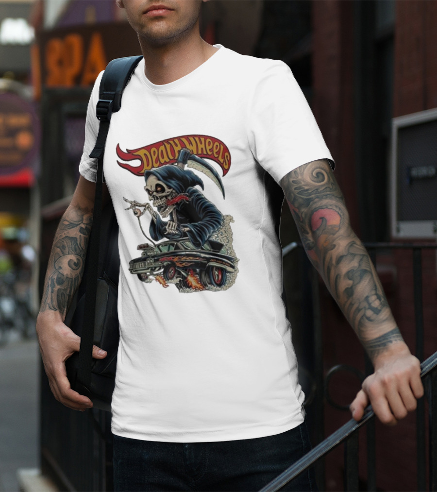 Deadly Wheels Krisna Okky Death Wheels Grim Reaper Driving Flaming Car T-Shirt
